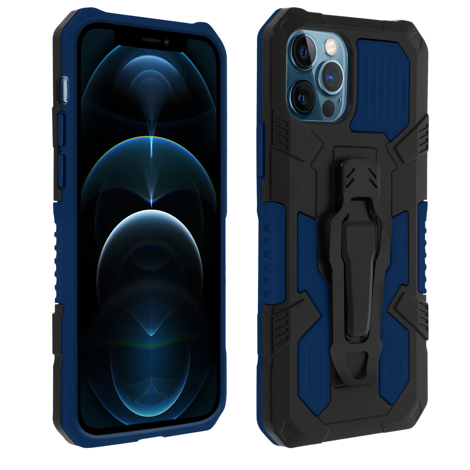 Avizar Coque iPhone 12 Pro Max Antichoc Béquille et Clip Ceinture  Métallique bleu nuit | Vanden Borre